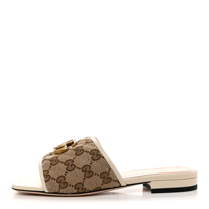 Gucci Monogram Matelasse Diagonal GG Marmont Flat Slide Sandals 35.5 Beige Ebony Mystic White 1 of 8