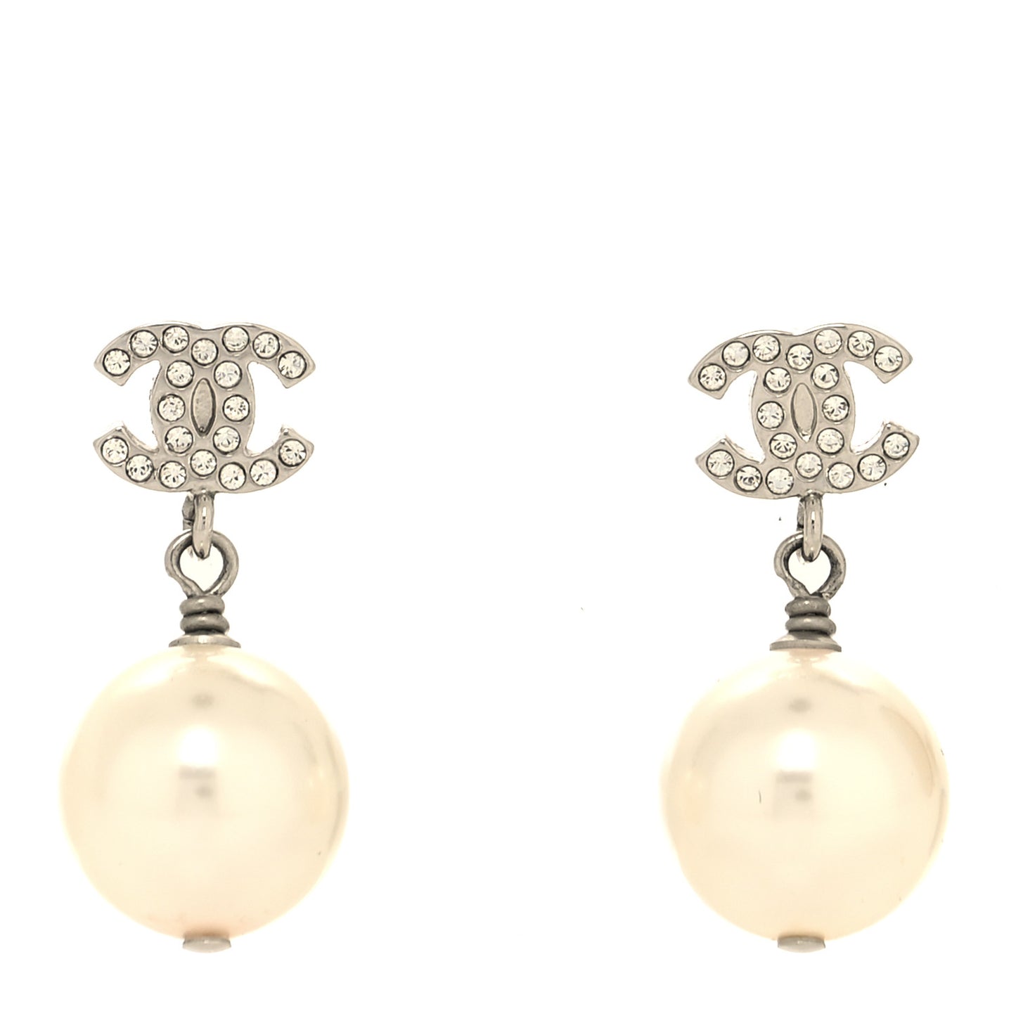 Crystal Pearl CC Drop Earrings Silver Pearly White