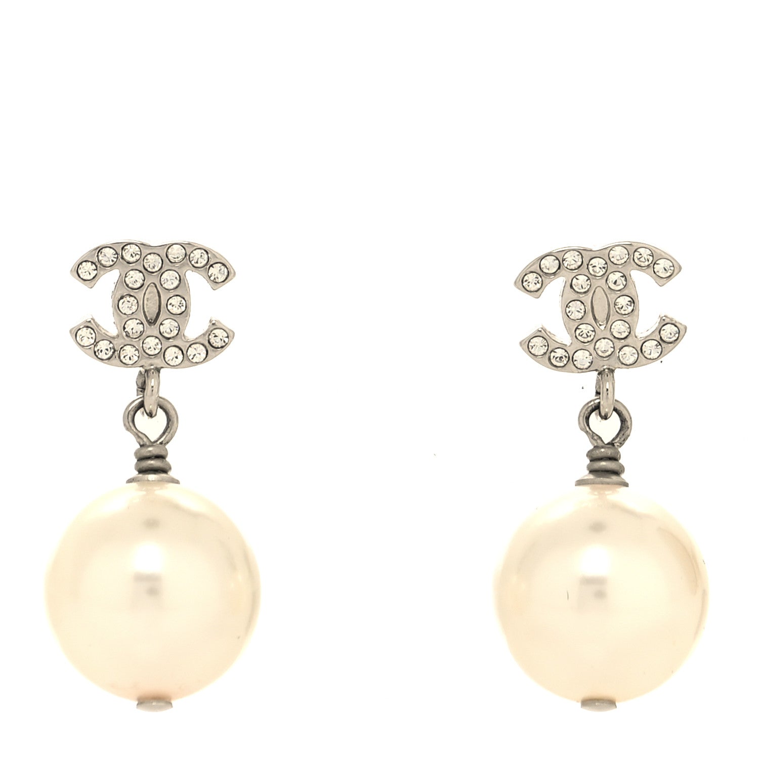 Chanel Crystal Pearl CC Drop Earrings Silver Pearly White 1 of 4