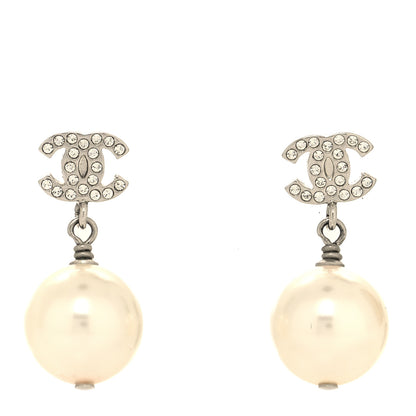 Chanel Crystal Pearl CC Drop Earrings Silver Pearly White 1 of 4