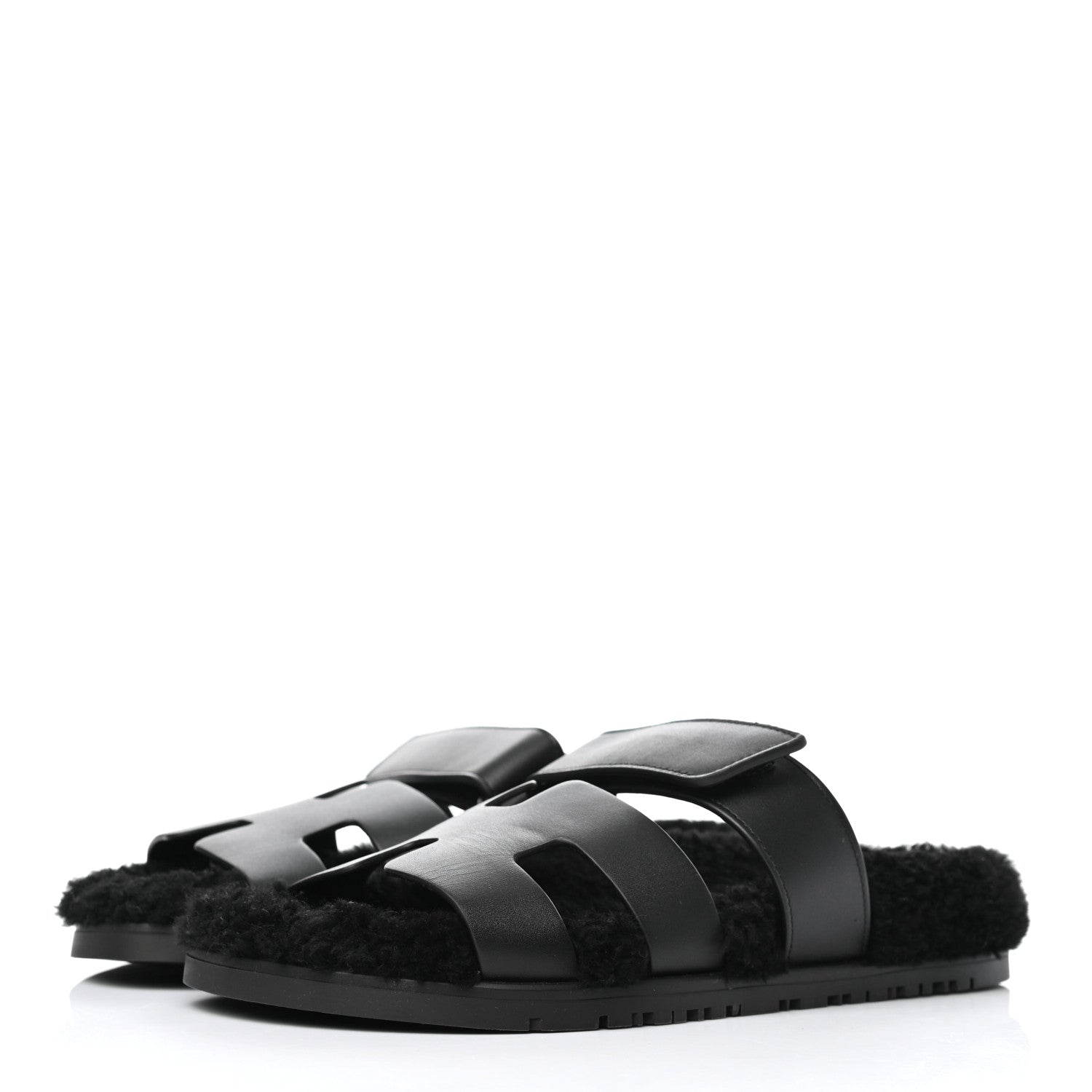 Hermes Calfskin Woolskin Womens Chypre Sandals 37 Black 3 of 9