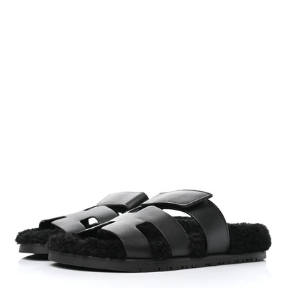 Hermes Calfskin Woolskin Womens Chypre Sandals 37 Black 3 of 9