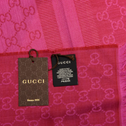 Gucci Wool Silk GG Monogram GGWeblong Fringe Scarf Shawl Red Pink 3 of 5