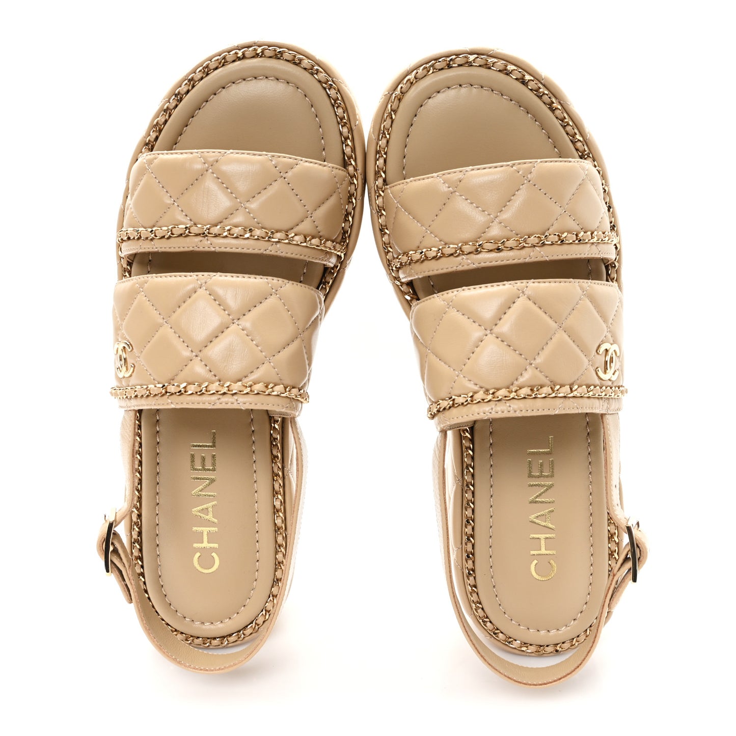 Shiny Lambskin Quilted Chain Around CC Platform Sandals 39.5 Beige