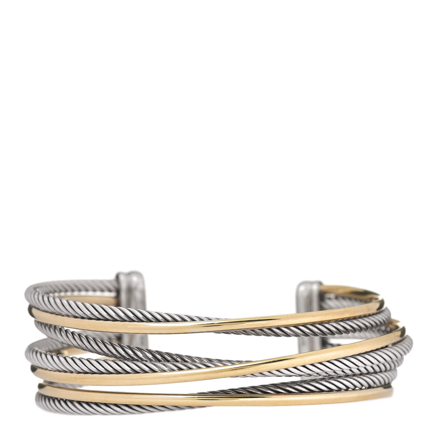 David Yurman Sterling Silver 18K Yellow Gold 21mm Four Row Crossover Cuff Bracelet 1 of 5
