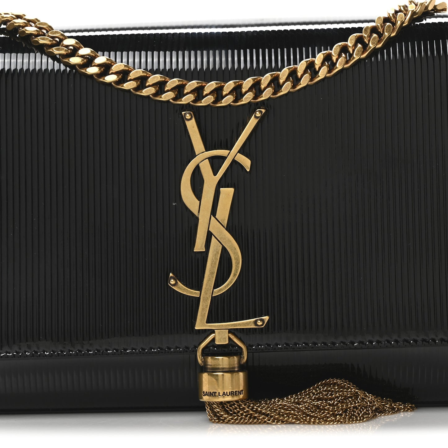Patent Linear Embossed Small Classic Monogram Kate Tassel Satchel Black