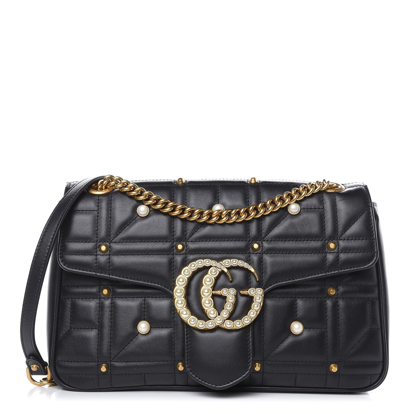 Calfskin Matelasse Studded Medium Pearly GG Marmont Shoulder Bag Black