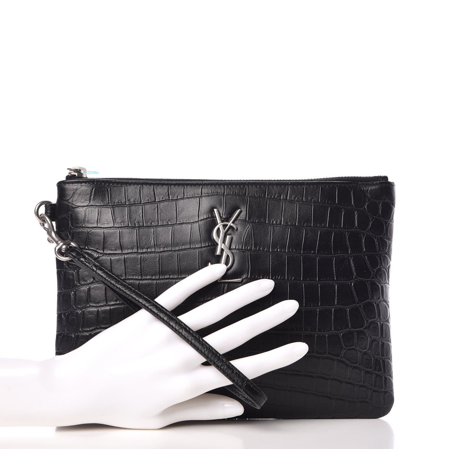 Calfskin Crocodile Embossed Monogram Zip Pouch Black