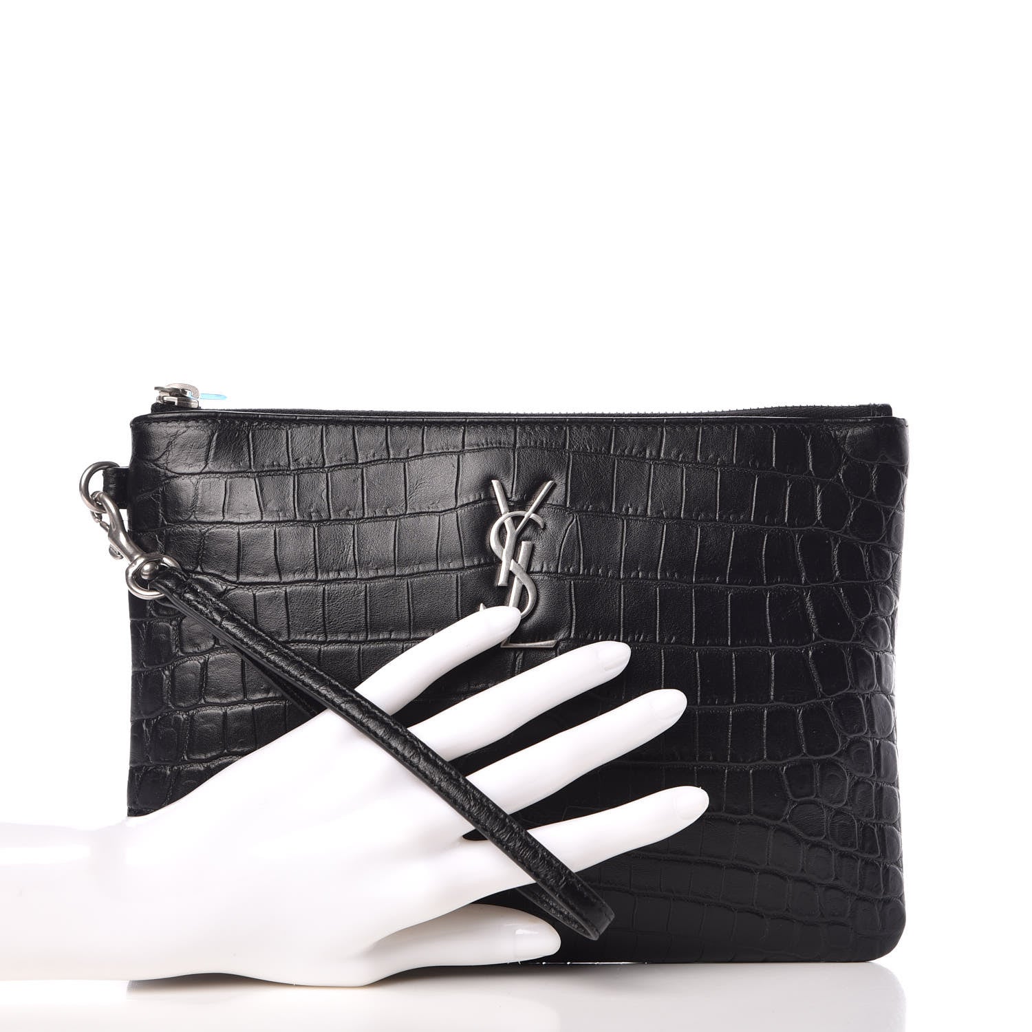 Saint Laurent Calfskin Crocodile Embossed Monogram Zip Pouch Black 2 of 9