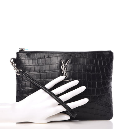 Saint Laurent Calfskin Crocodile Embossed Monogram Zip Pouch Black 2 of 9