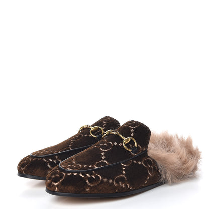 Gucci Velvet GG Monogram Fur Womens Princetown Slippers 35.5 Brown Black Natural 3 of 8