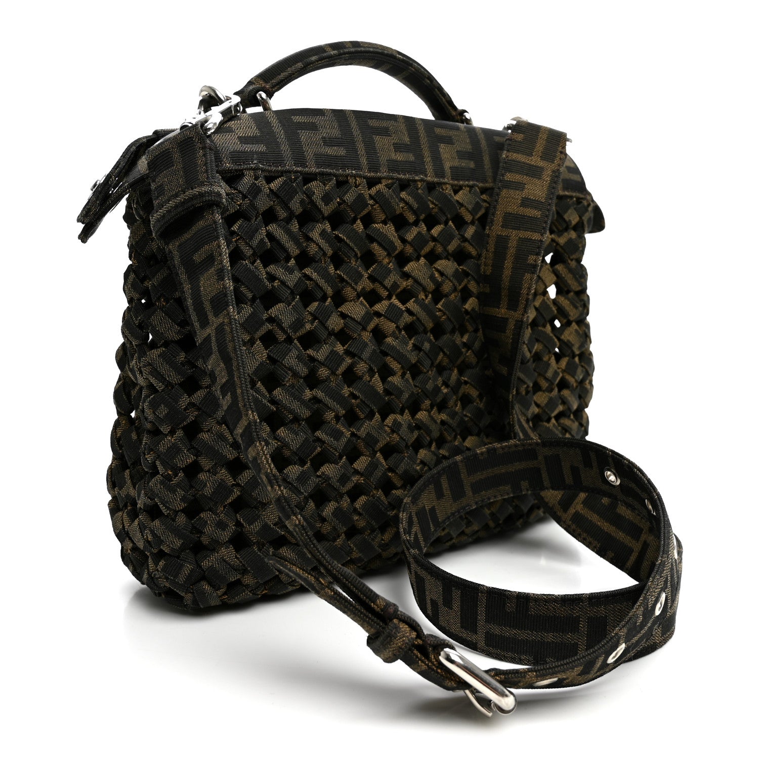 Fendi Fabric Jacquard FF 1974 Woven Knotted Mini Peekaboo I SEE U Satchel Tobacco Moro 3 of 11