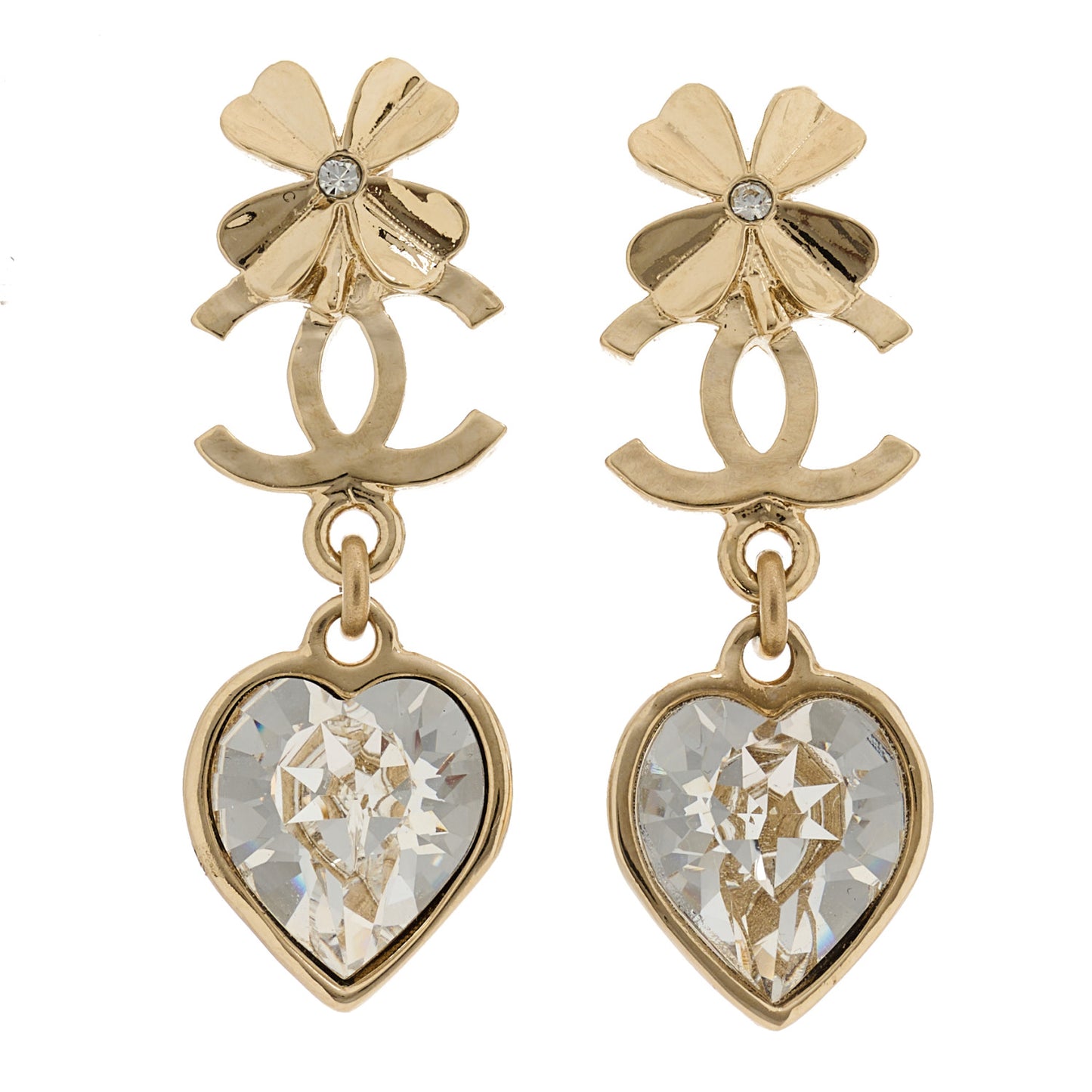 Metal Crystal CC Heart Drop Earrings Gold