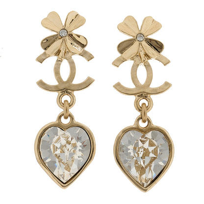Chanel Metal Crystal CC Heart Drop Earrings Gold 1 of 4