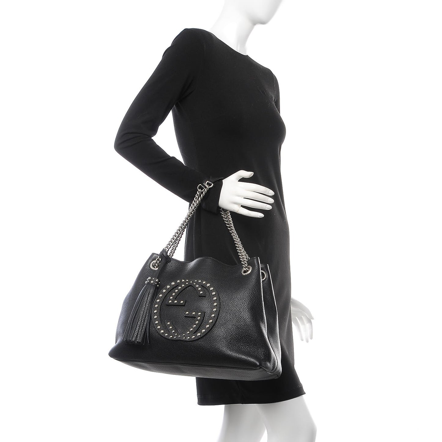 Pebbled Calfskin Studded Medium Soho Chain Shoulder Bag Black