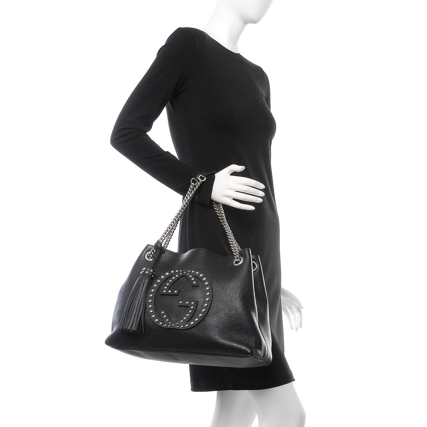 Gucci Pebbled Calfskin Studded Medium Soho Chain Shoulder Bag Black 2 of 7