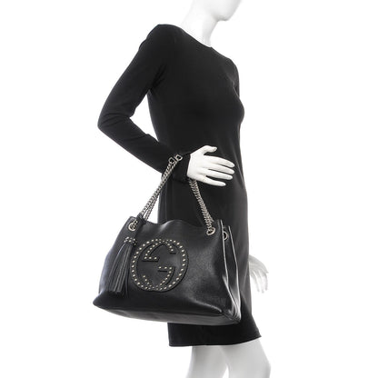 Gucci Pebbled Calfskin Studded Medium Soho Chain Shoulder Bag Black 2 of 7