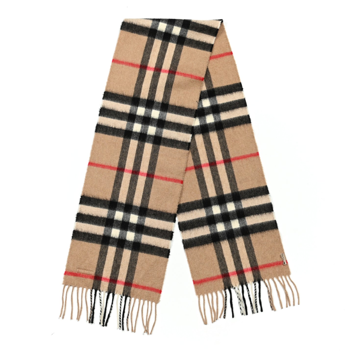 Cashmere Giant Check Fringe Scarf Camel