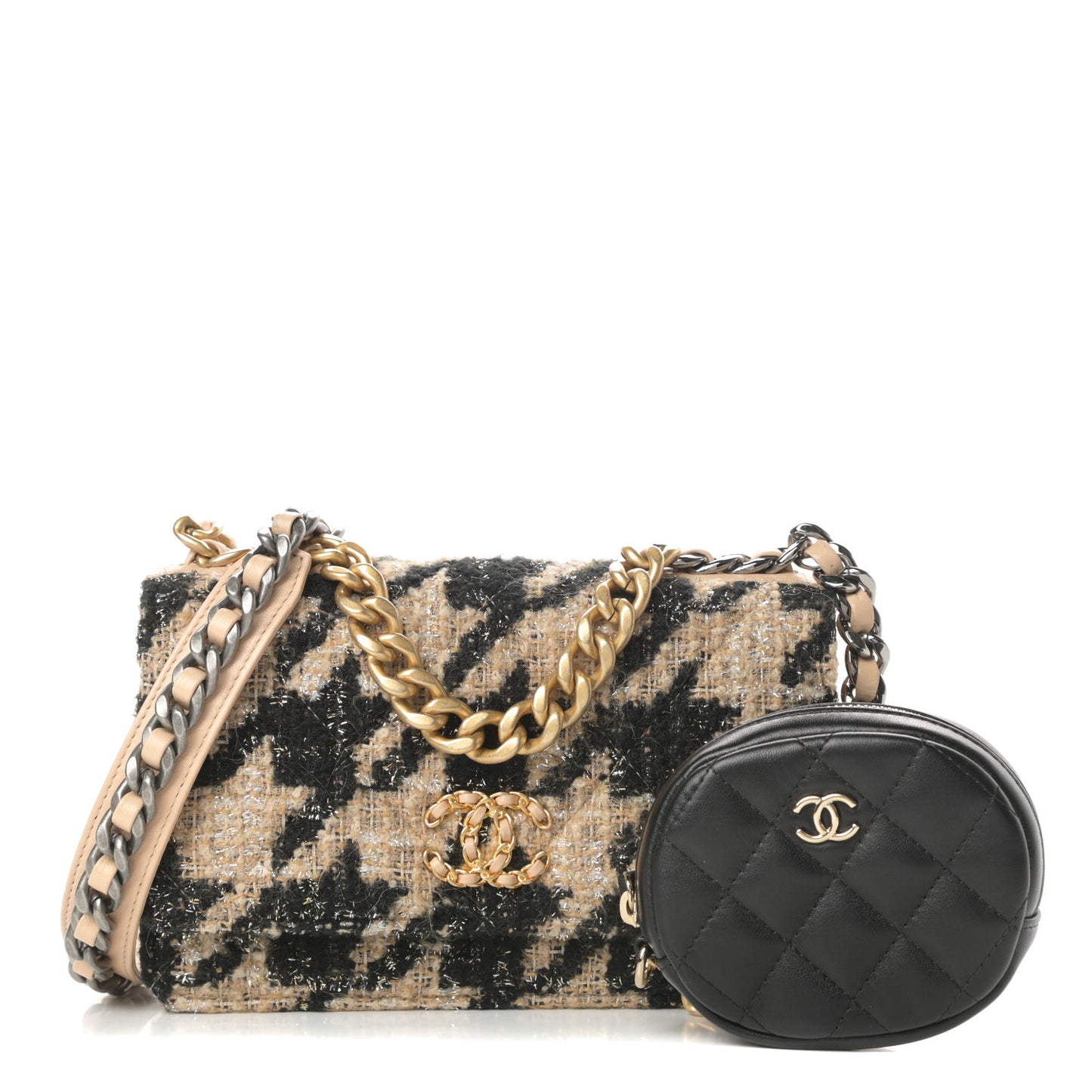 Wool Tweed Lambskin Quilted Chanel 19 Wallet On Chain WOC and Coin Purse Beige Black