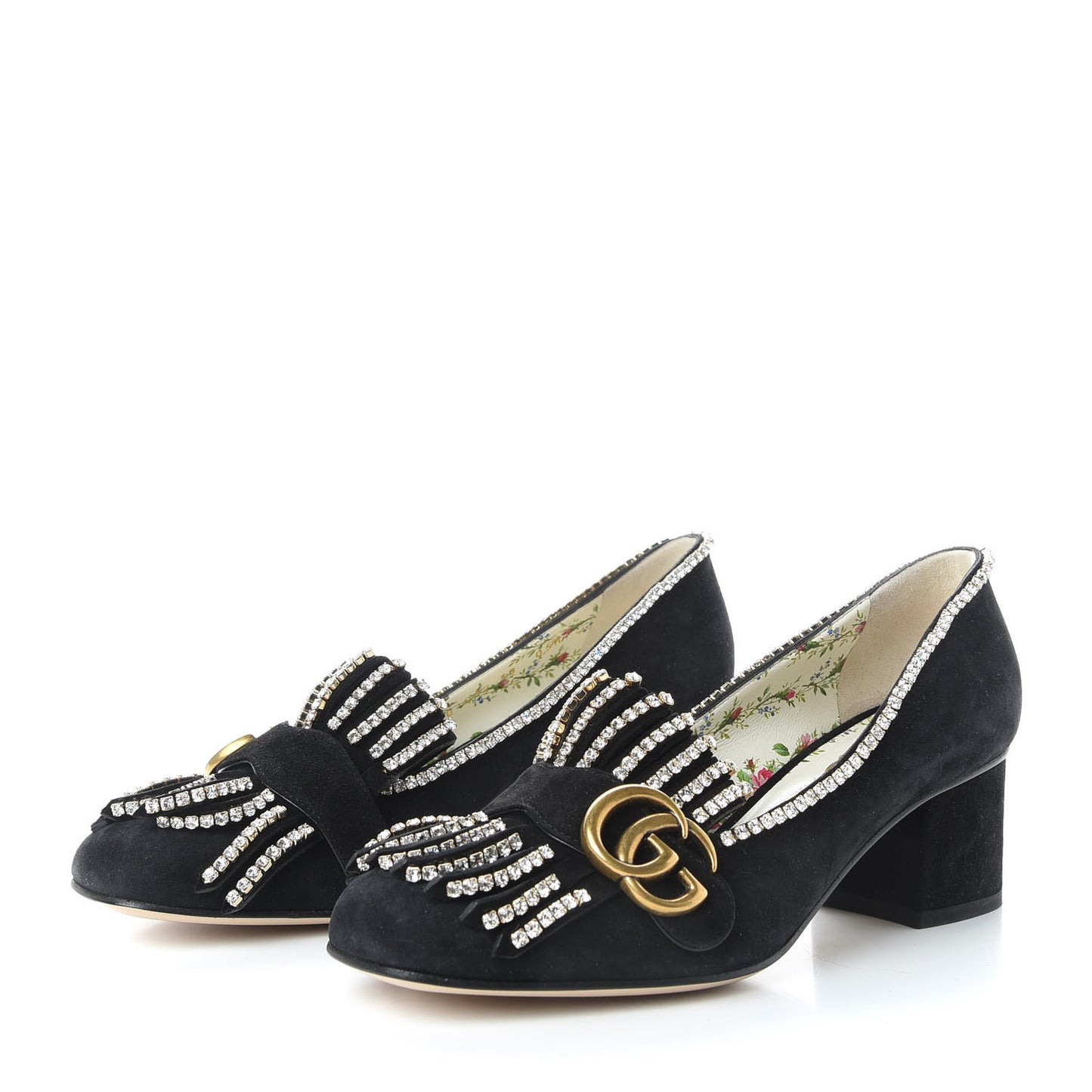 Kid Scamosciato Crystal GG Marmont Fringe 50mm Loafer Pumps 38 Black