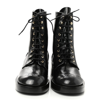 Chanel Shiny Goatskin Cap Toe Combat Boots 41 Black Dark Grey 2 of 10