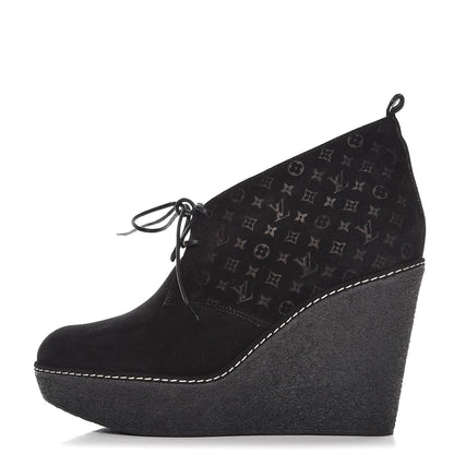 Louis Vuitton Suede Embossed Monogram Frosty Wedge Low Boots 39 Black 1 of 11