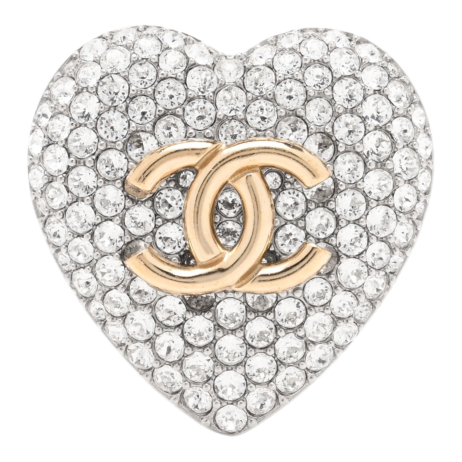 Chanel Crystal CC Heart Brooch Silver Gold 1 of 4