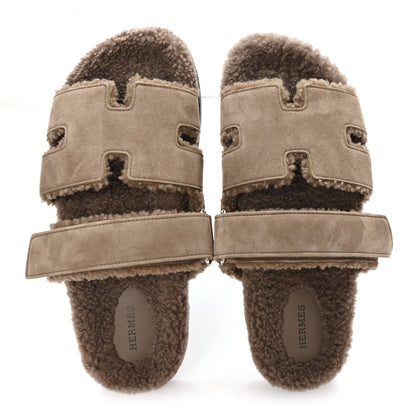 Hermes Suede Goatskin Woolskin Mens Chypre Sandals 42 Etoupe 2 of 9