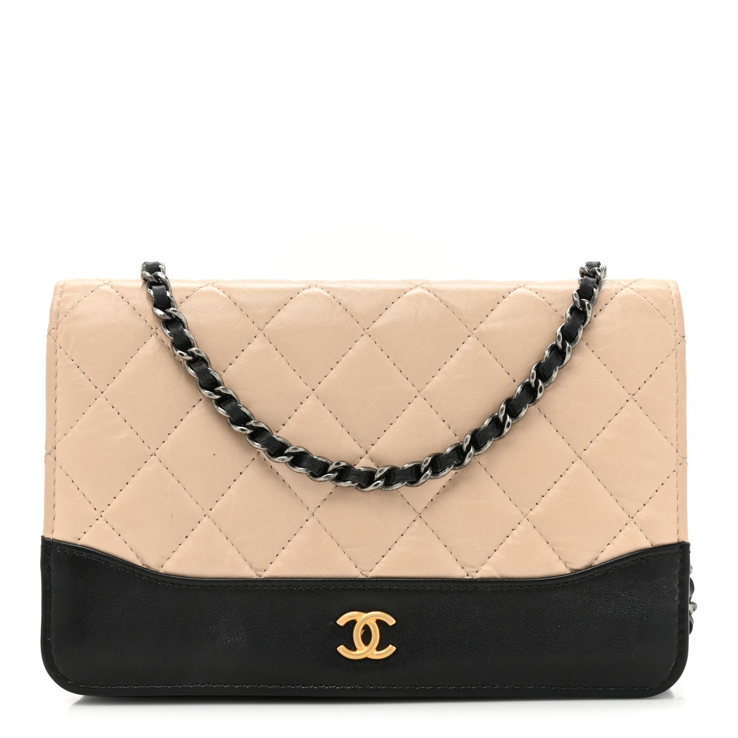 Aged Calfskin Quilted Gabrielle Wallet On Chain WOC Beige Black