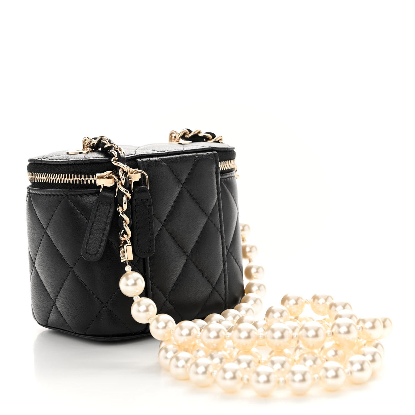 Lambskin Quilted Mini Vanity Case With Pearl Chain Black