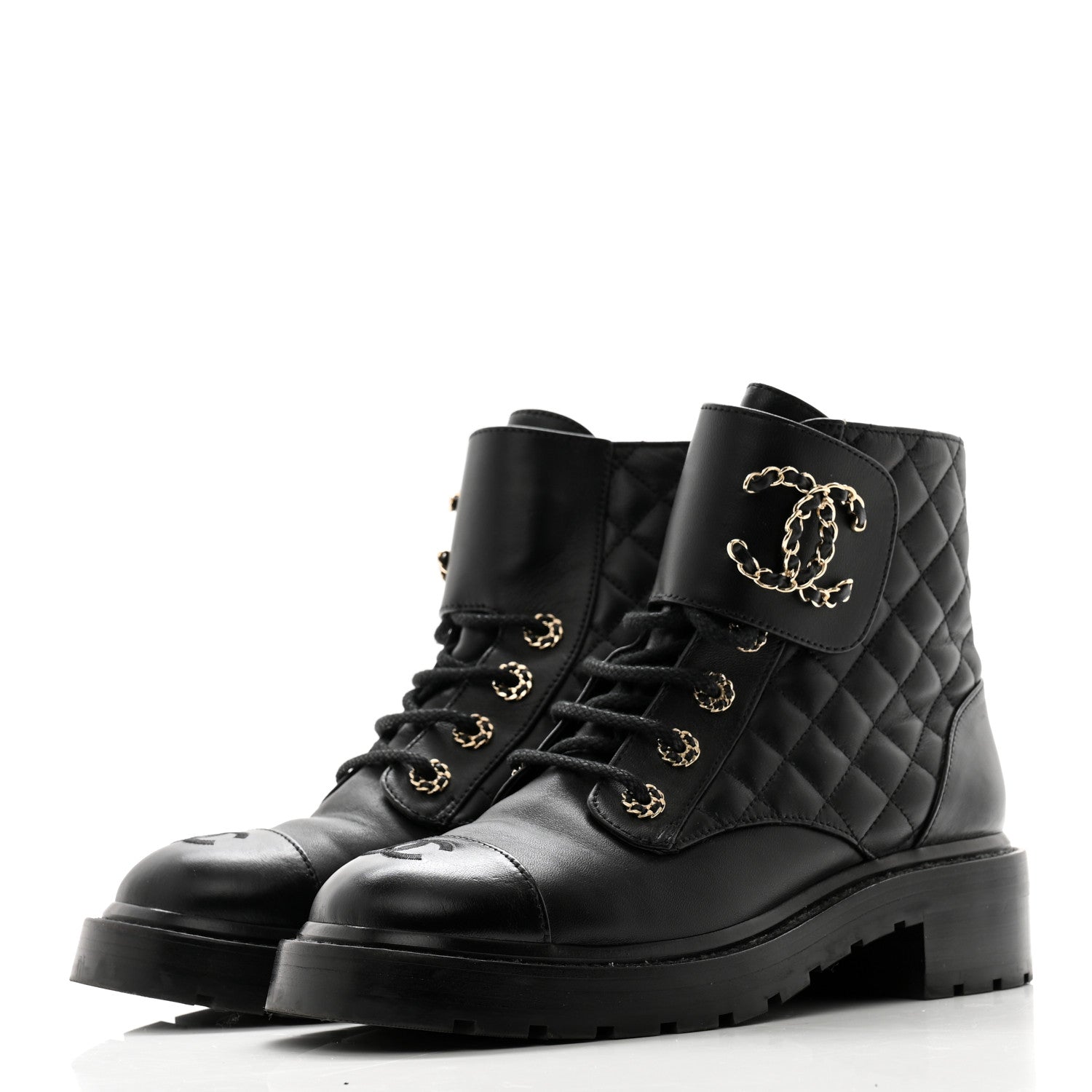 Chanel Shiny Lambskin Quilted Lace Up Combat Boots 39 Black 7 of 20