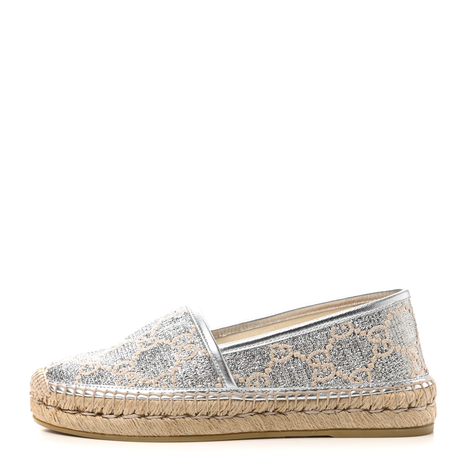 Gucci Lame Nappa GG Monogram Espadrilles 35 Silver Beige 1 of 9