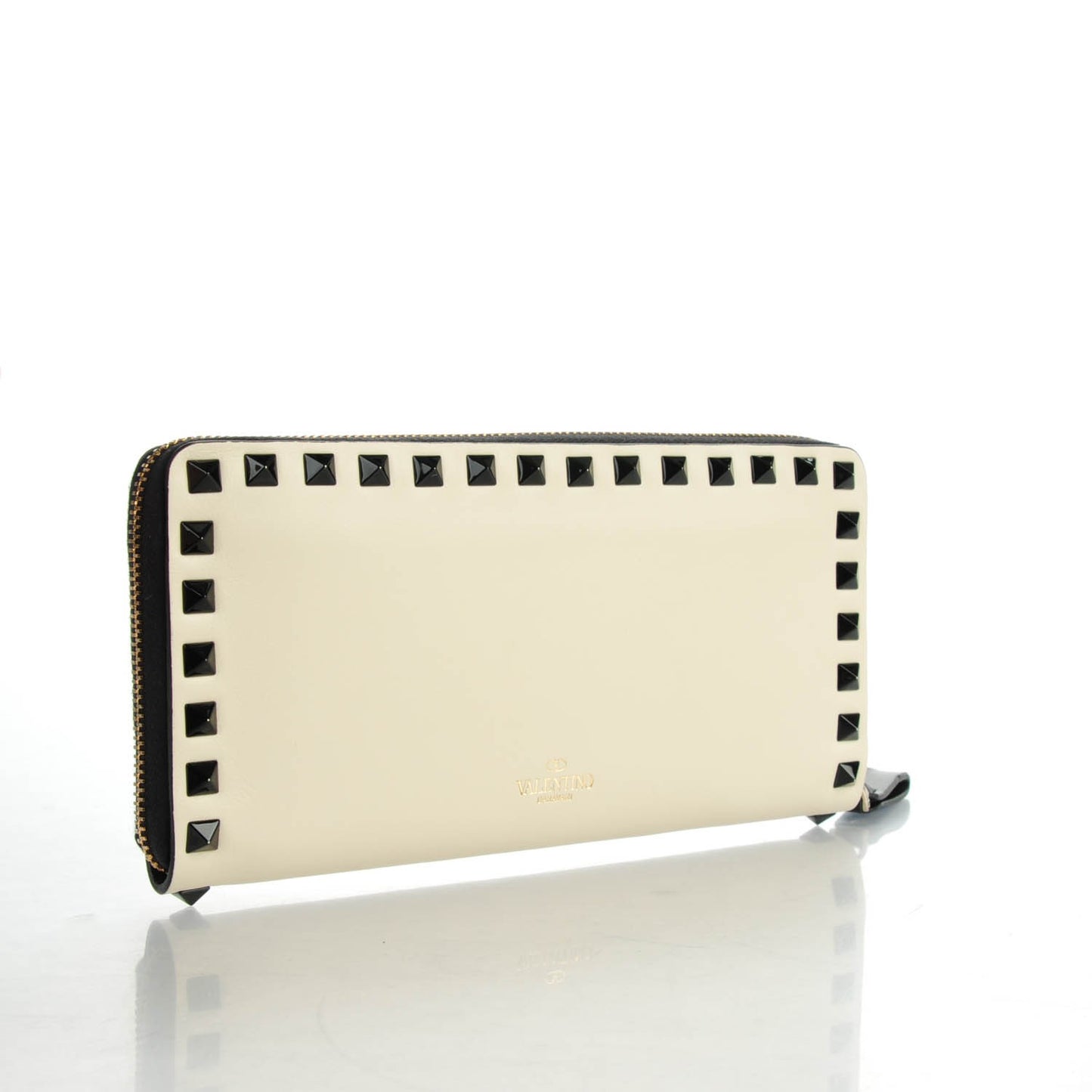 Vitello Rockstud Zip Around Wallet Ivory Black