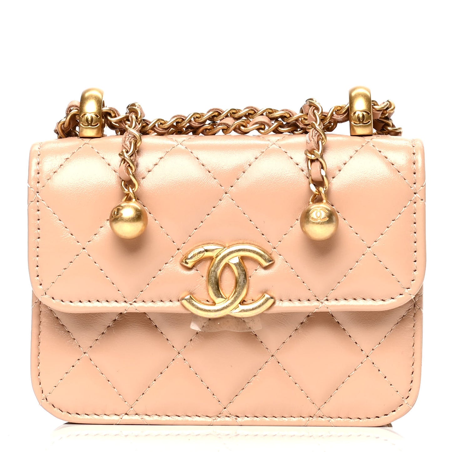 Calfskin Quilted Perfect Fit Coin Purse With Chain Beige