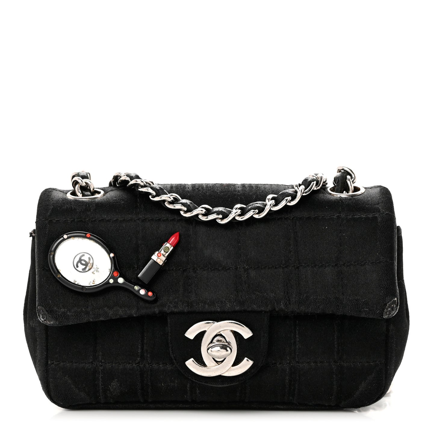 Satin Square Quilted Lipstick Charm Mini Flap Black