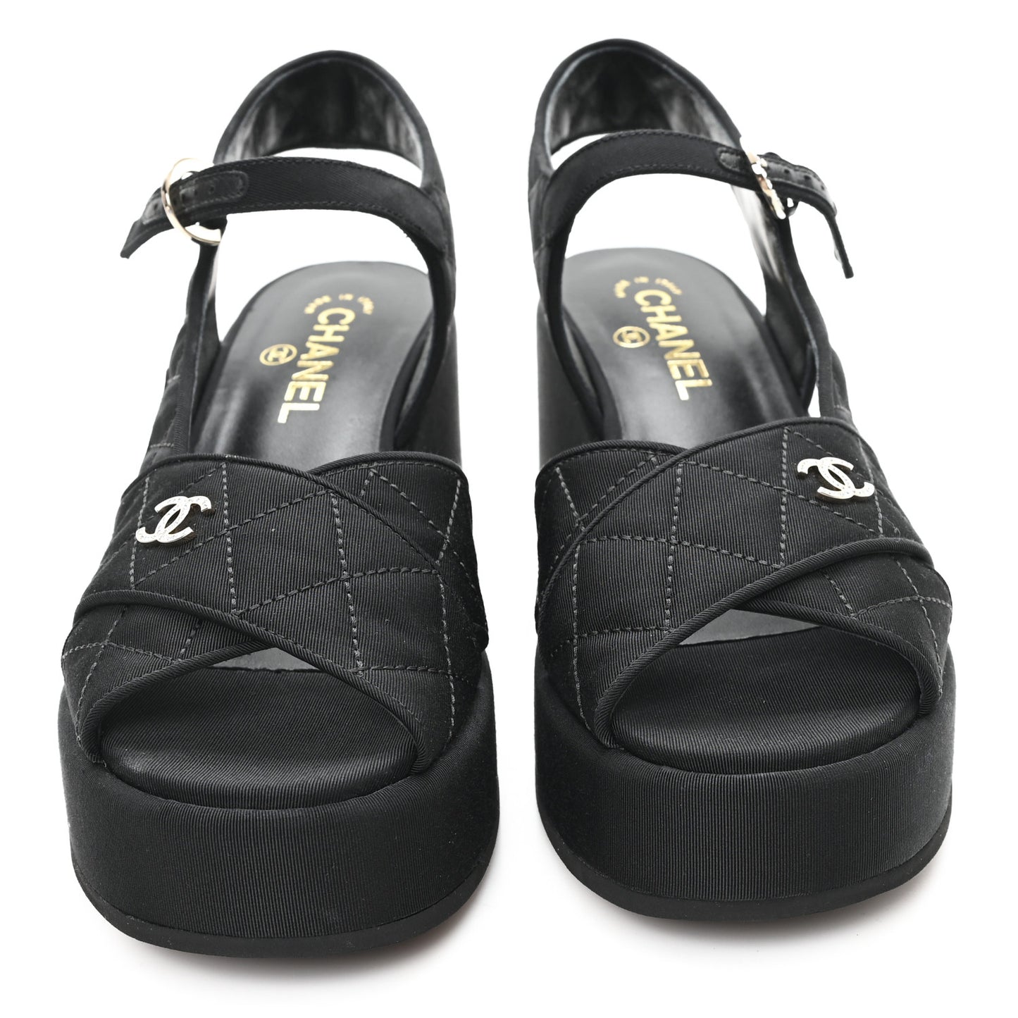 Grosgrain Quilted Crystal CC Platform Sandals 39.5 Black