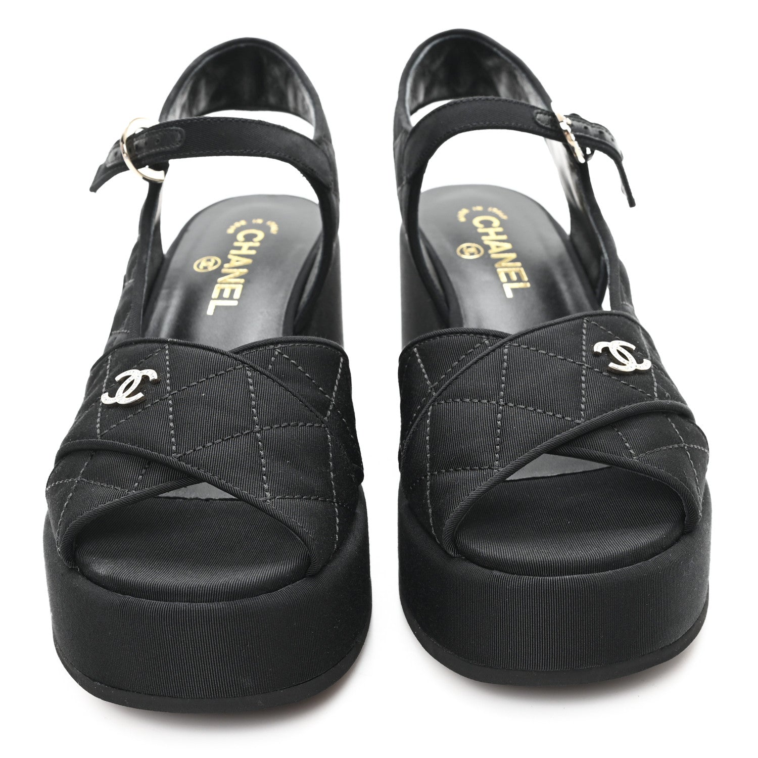 Chanel Grosgrain Quilted Crystal CC Platform Sandals 39.5 Black 3 of 10