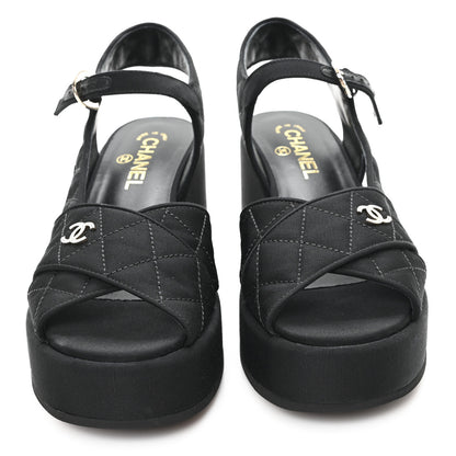 Chanel Grosgrain Quilted Crystal CC Platform Sandals 39.5 Black 3 of 10