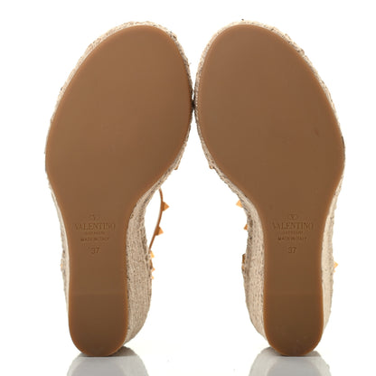 Valentino Garavani Metallic Pebbled Calfskin Rockstud Ankle Strap Espadrille 15/105mm Wedge Sandals 37 Antique Brass Natural 4 of 6