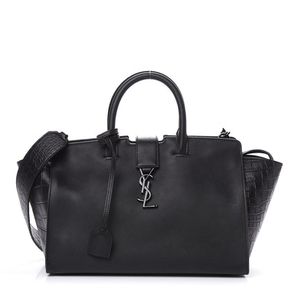 Saint Laurent Smooth Calfskin Crocodile Embossed Small Monogram Downtown Cabas Black 1 of 8