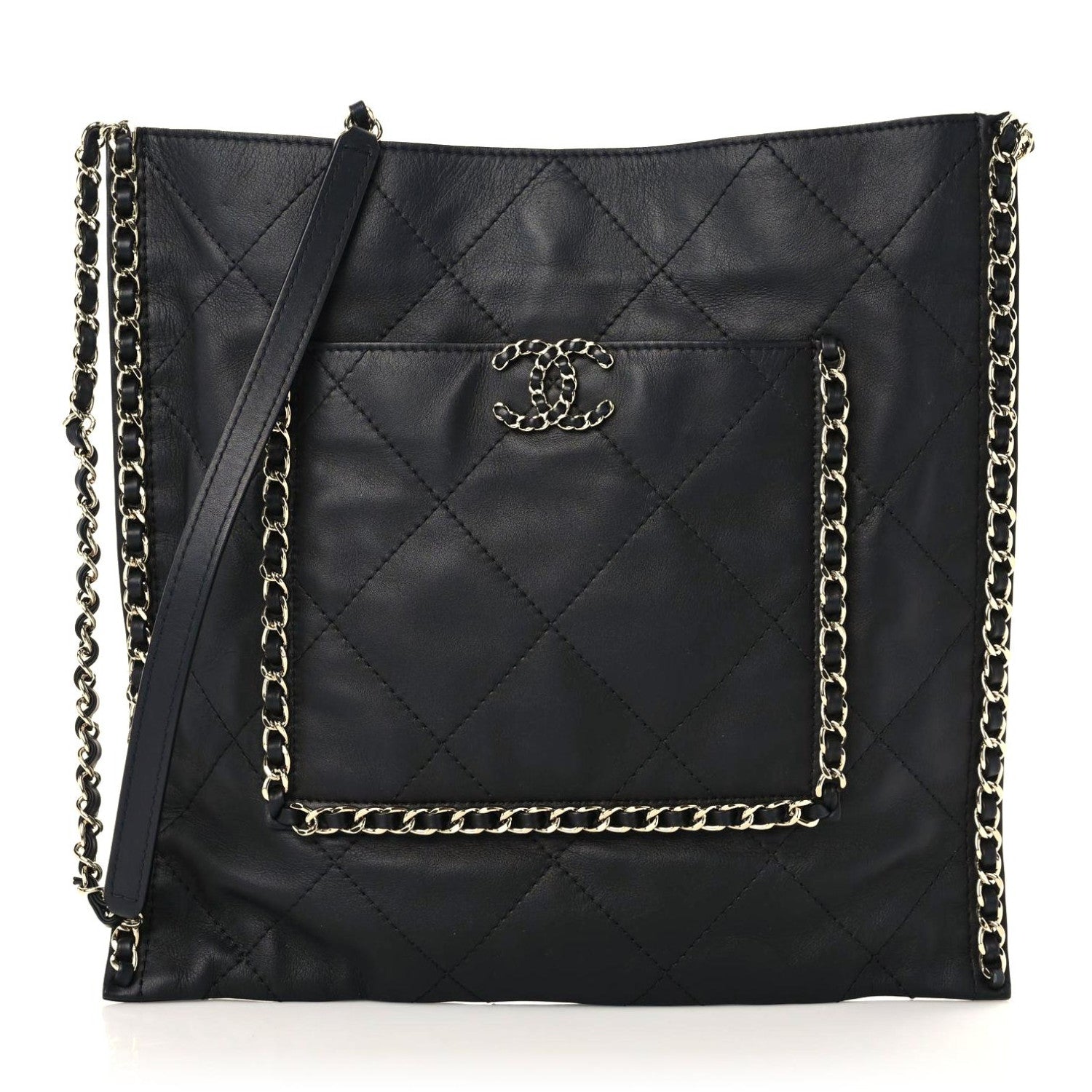 Chanel Calfskin Quilted Chain Flat Tote Black 1 of 9