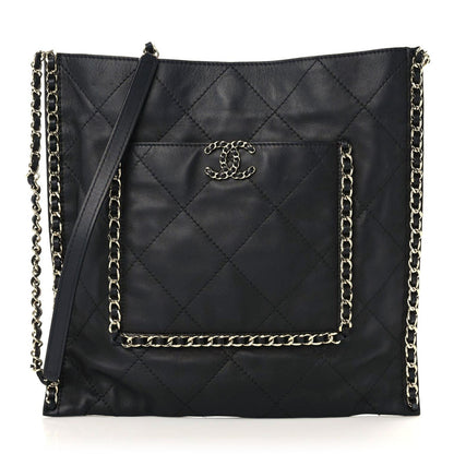 Chanel Calfskin Quilted Chain Flat Tote Black 1 of 9