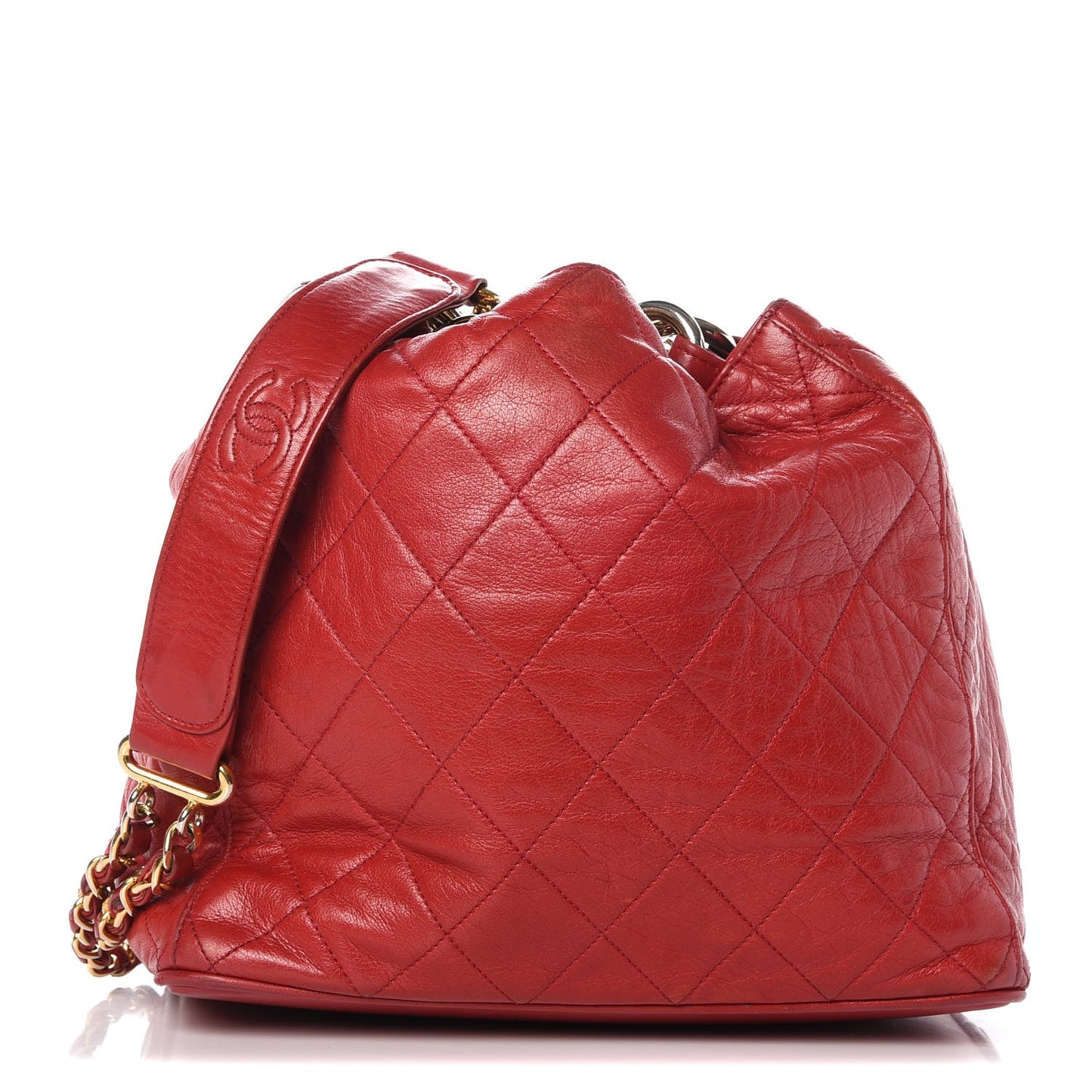 Lambskin Quilted Drawstring Bucket Bag Red