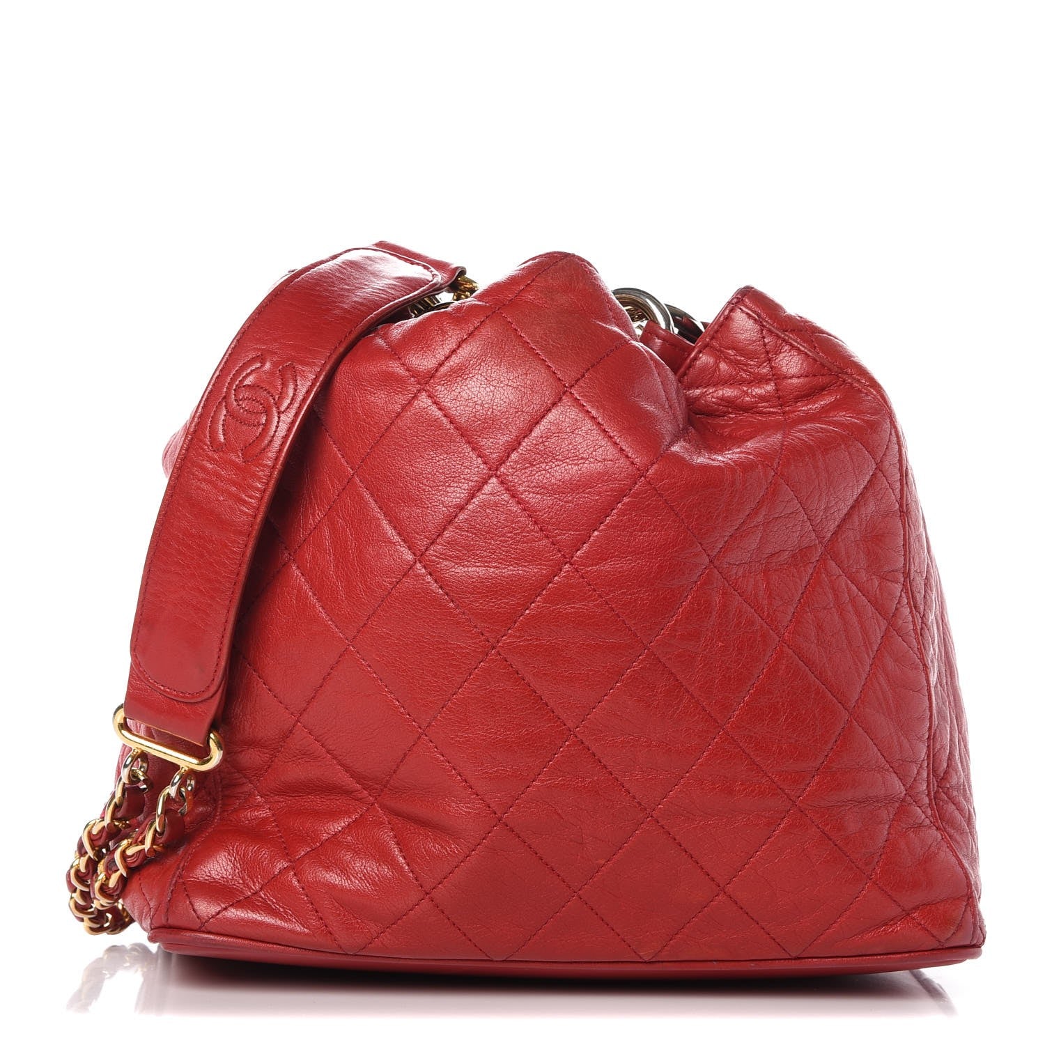 Chanel Lambskin Quilted Drawstring Bucket Bag Red 1 of 13
