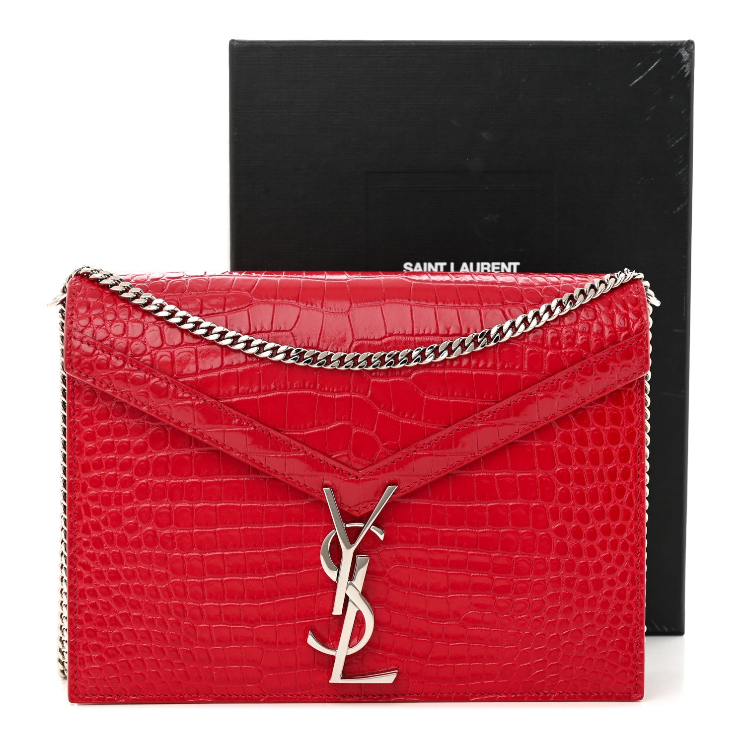 Saint Laurent Calfskin Crocodile Embossed Monogram Cassandra Clasp Bag Red 12 of 12