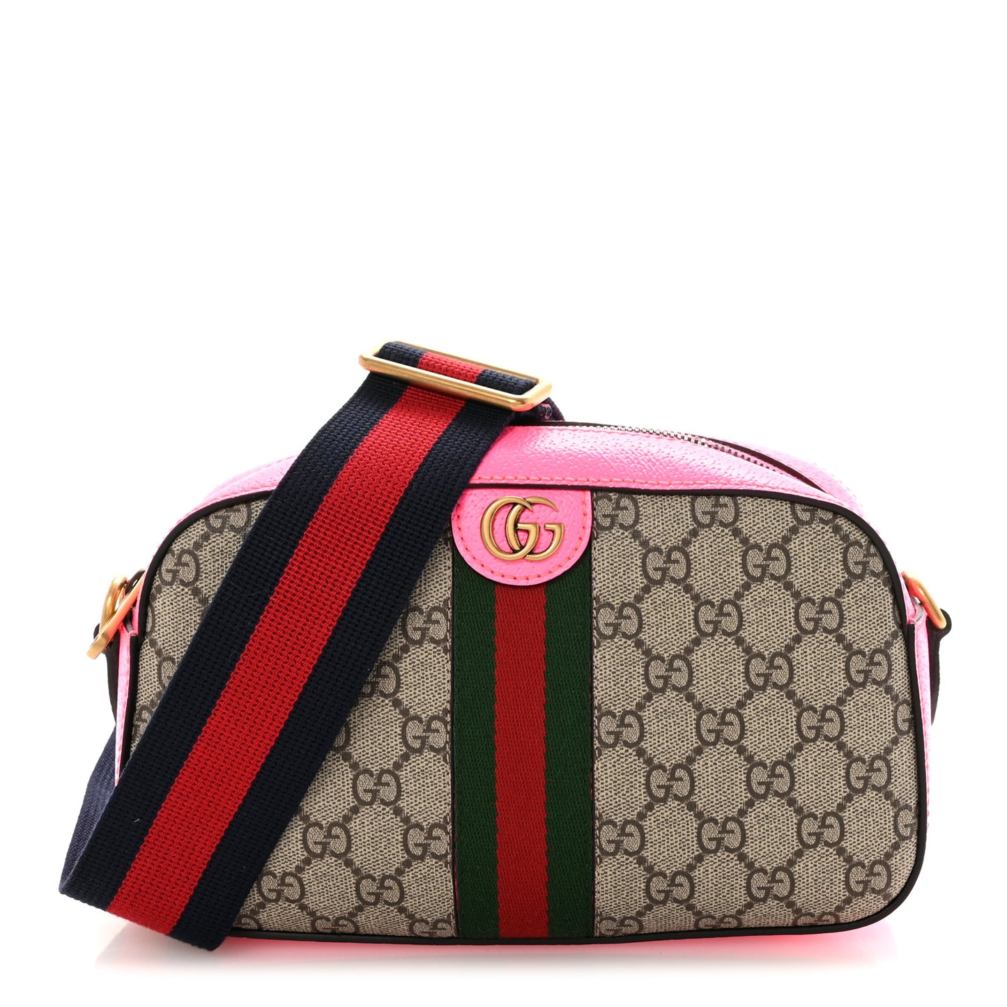 GG Supreme Monogram Textured Dollar Calfskin Web Ophidia Small Crossbody Bag Beige Ebony Fuchsia