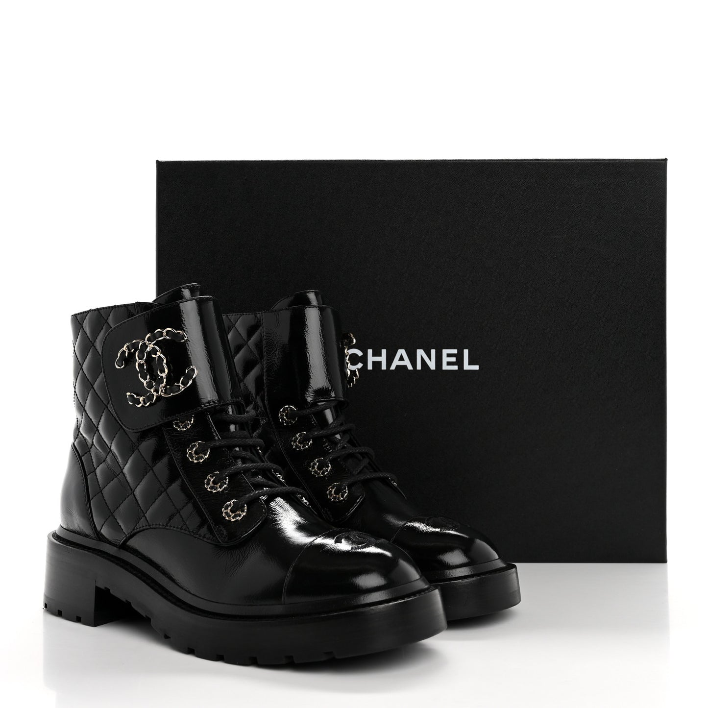 Shiny Calfskin Quilted Lace Up Combat Boots 38 Black
