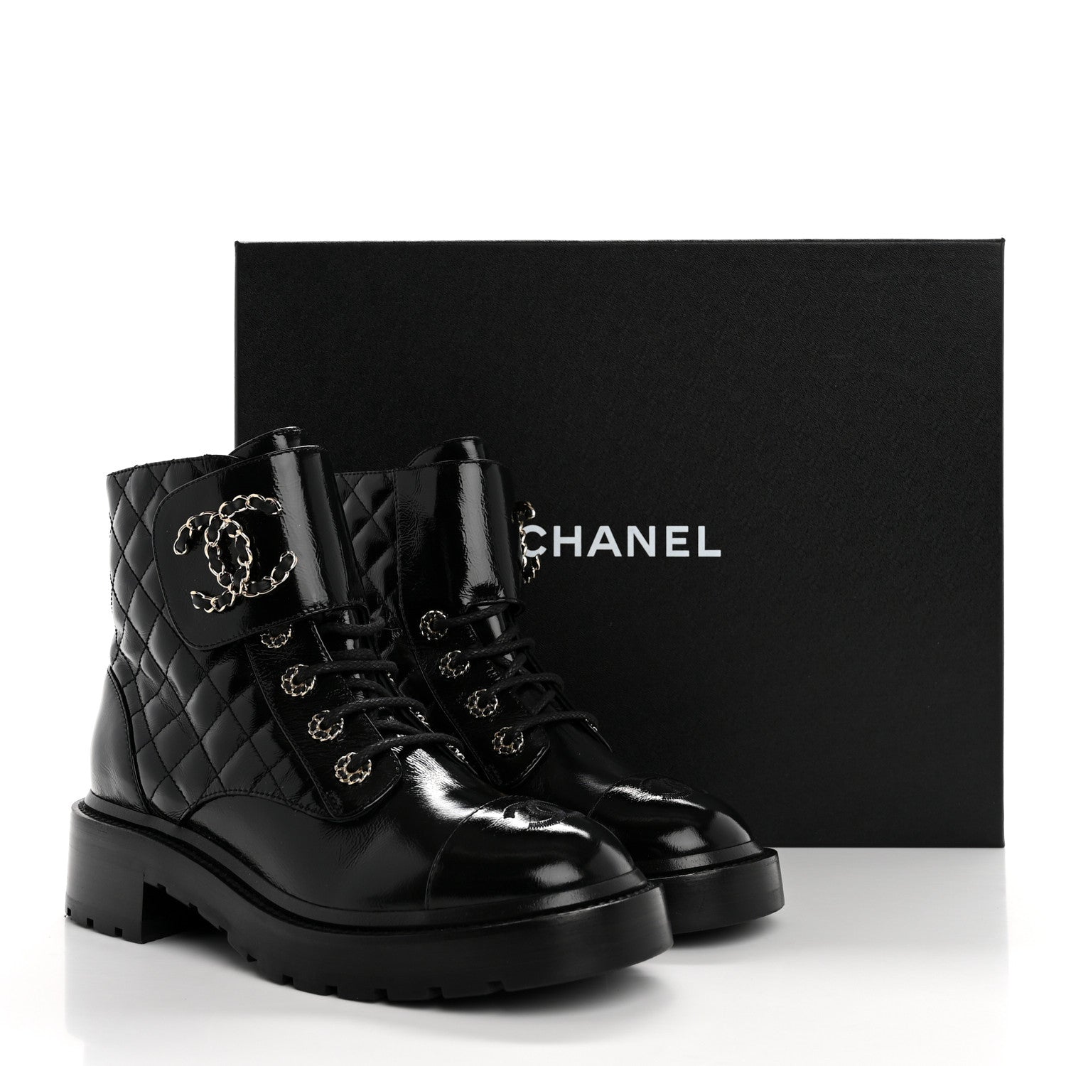 Chanel Shiny Calfskin Quilted Lace Up Combat Boots 38 Black 10 of 10