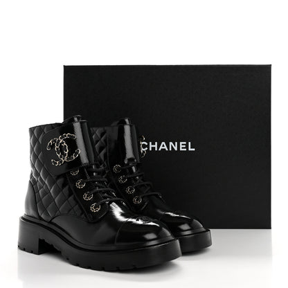 Chanel Shiny Calfskin Quilted Lace Up Combat Boots 38 Black 10 of 10