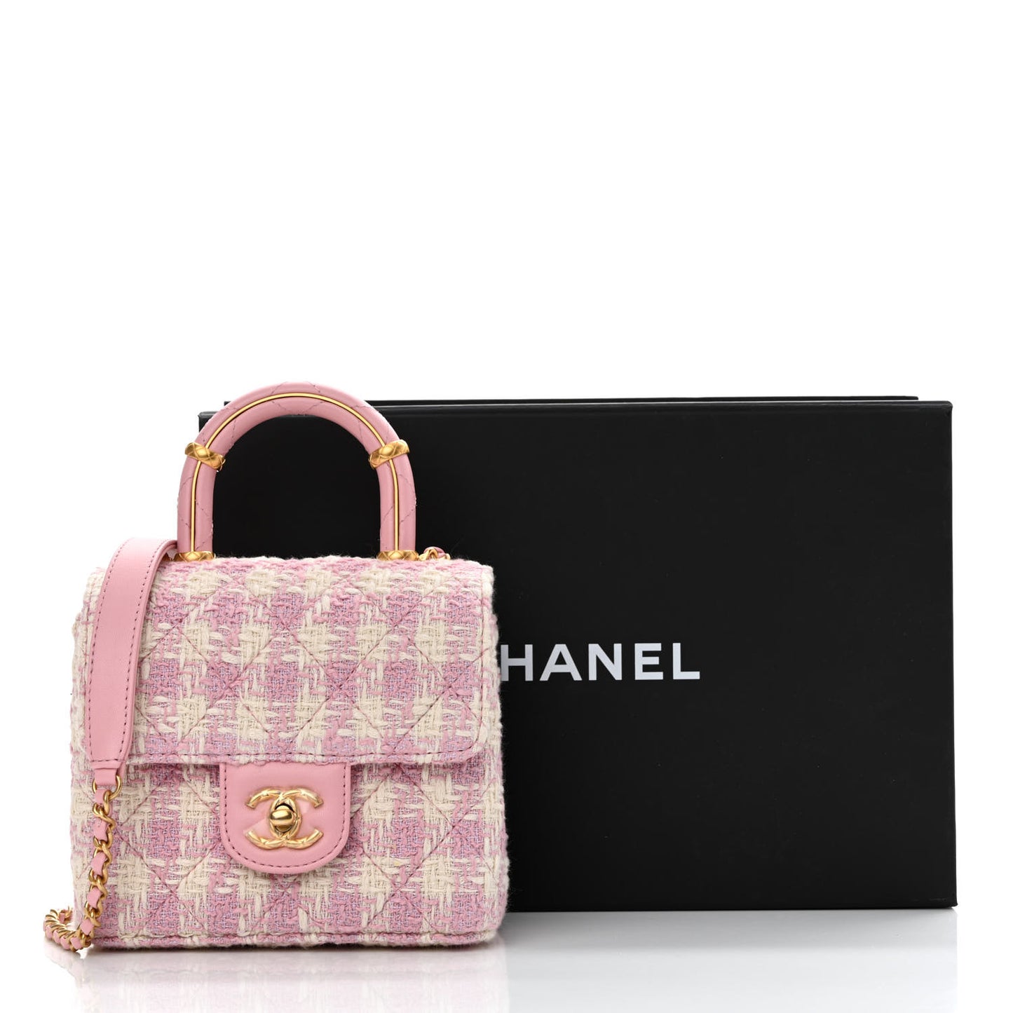 Tweed Handle Crush Top Handle Flap Bag Pink Ecru